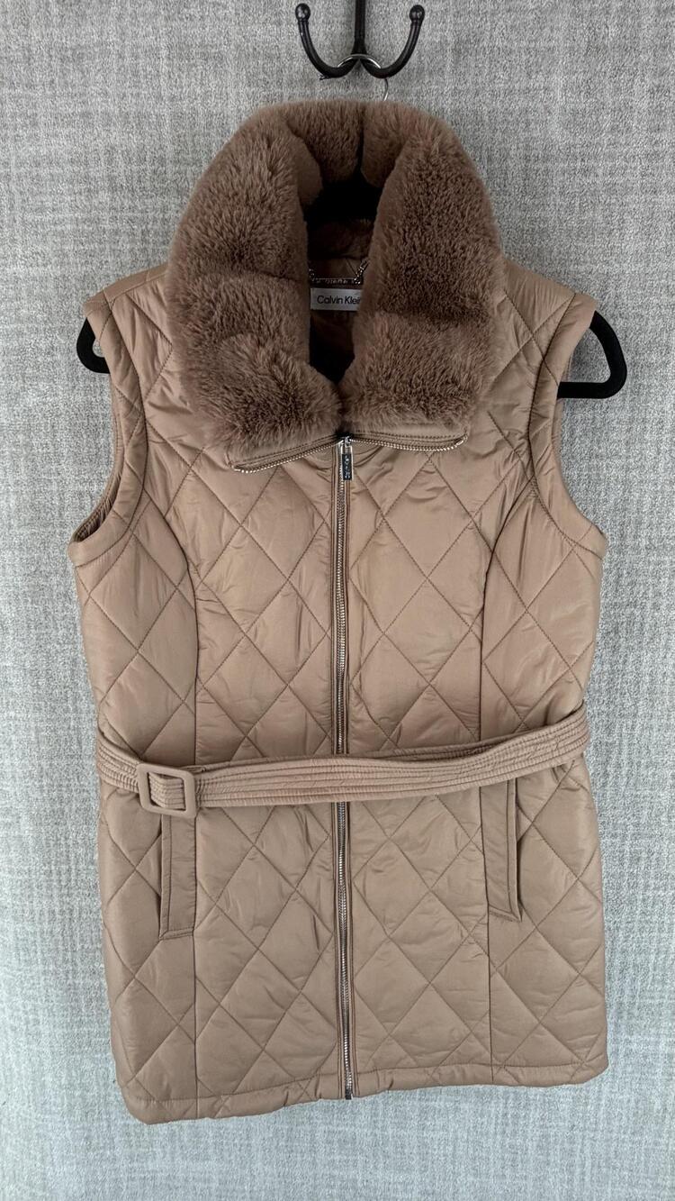 Calvin Klein Vest Womens XS Beige Quilted Collared Fur Trim Belted Pockets